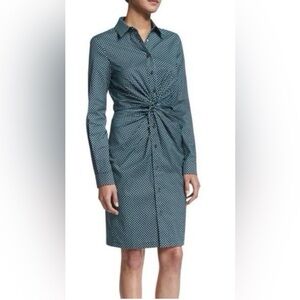 Michael Kors Teal and Black Twist-Front Long Sleeve Shirt Dress
